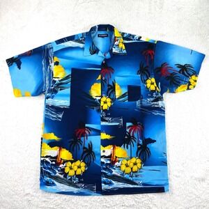 Koman Vintage Hawaiian Shirt Men LARGE Blue Tropical Surf Camp‎ Aloha Floral 70s